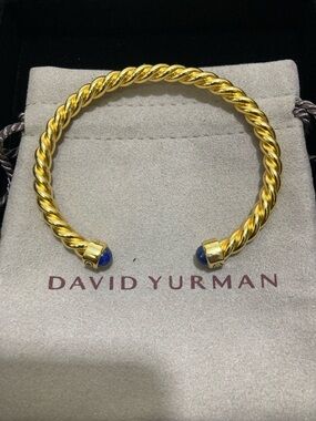 David Yurman Gold Twisted Cable Cuff with Blue Stone Ends
